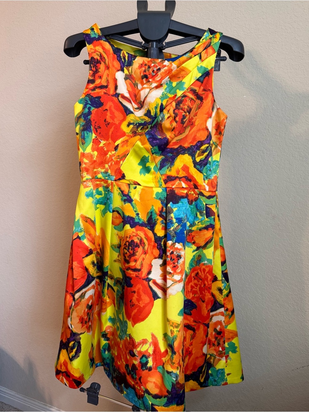 Bright Floral Fit-and-Flare Midi Dress in Yellow and Orange